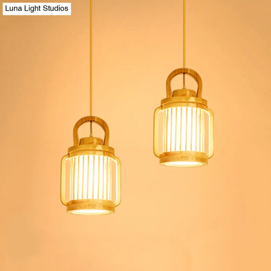 Nordic Beige Water Jug Pendant Light With Wood Shade - 2 Heads Hanging Lamp Multi-Light Ceiling