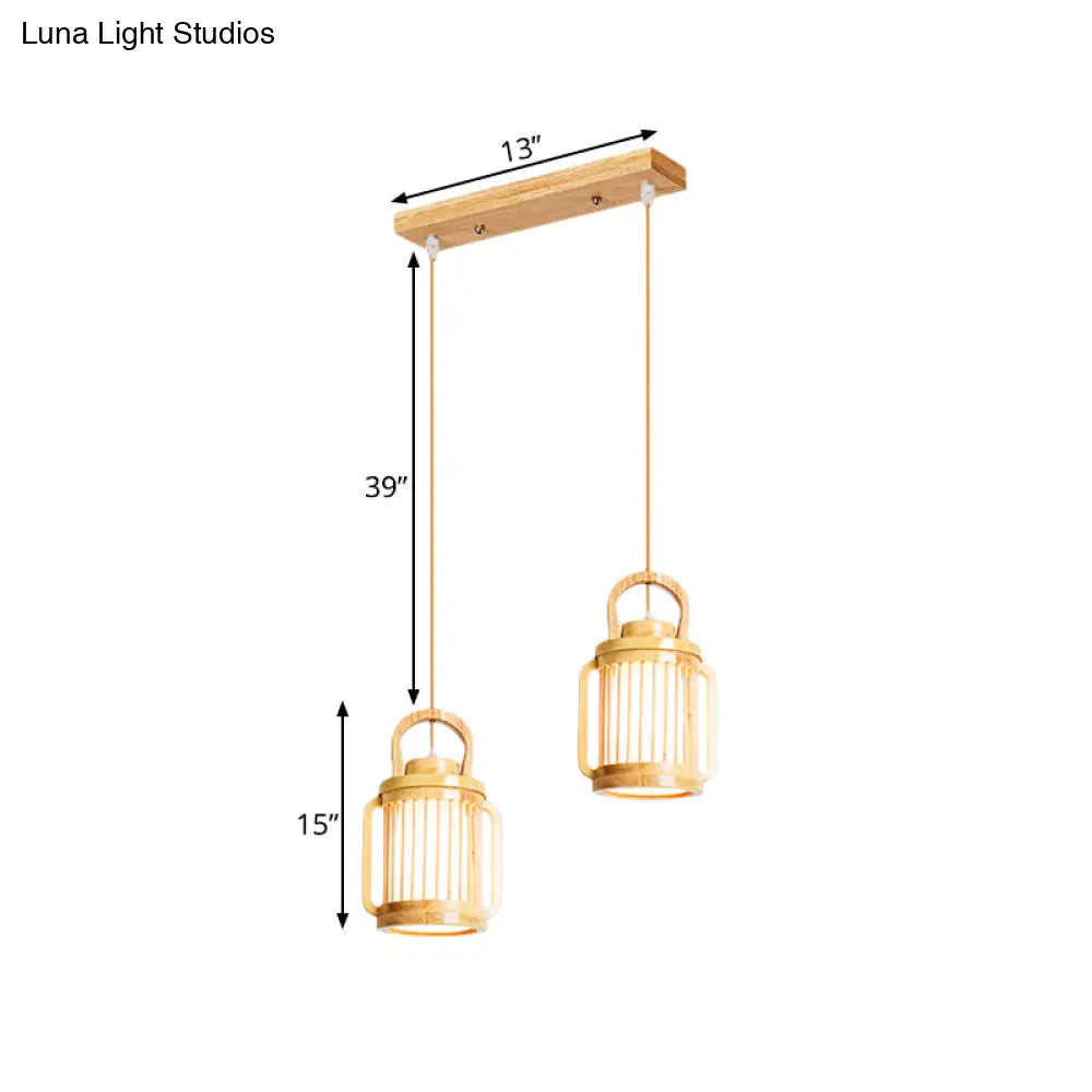 Nordic Beige Water Jug Pendant Light With Wood Shade - 2 Heads Hanging Lamp Multi-Light Ceiling