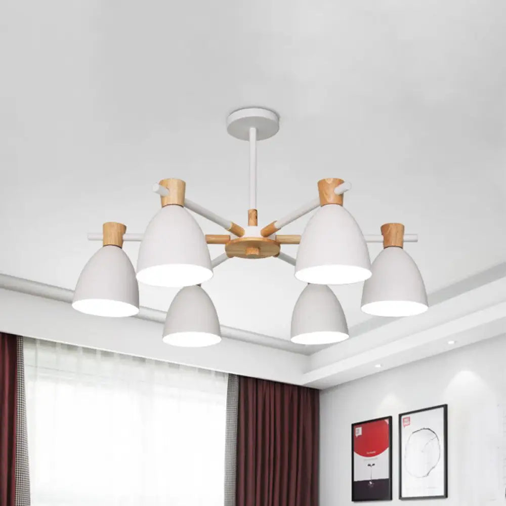 Nordic Bell Shaped Hanging Light Chandelier With Wood Accent - 6 Bulbs White