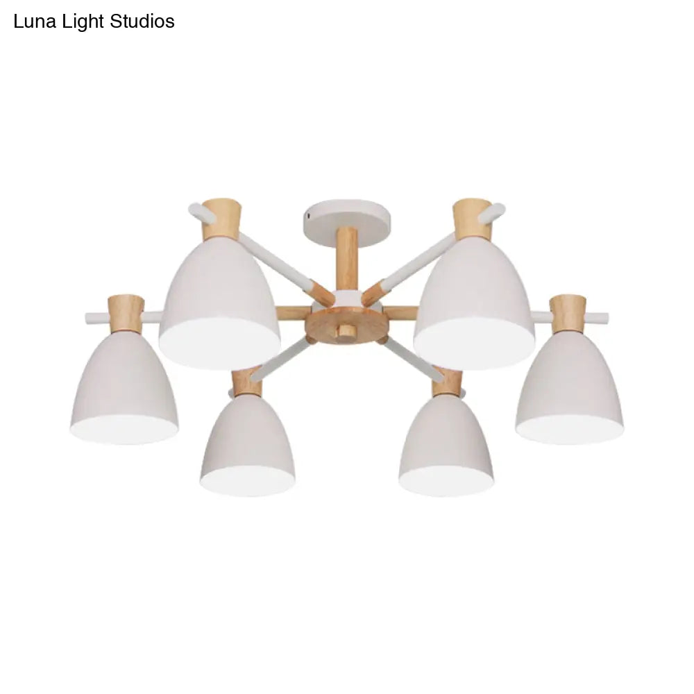 Nordic Bell Shaped Hanging Light Chandelier With Wood Accent - 6 Bulbs White