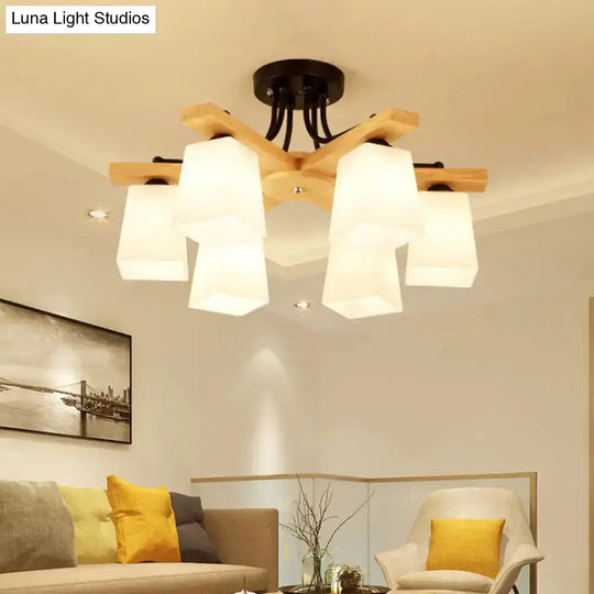 Nordic Black And Wood Semi Flush Mount Chandelier With Milk Glass Shade - 3/6/8 Light Ceiling