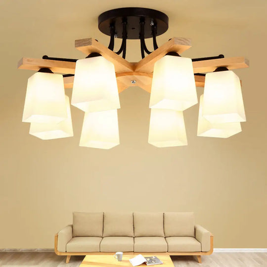 Nordic Black And Wood Semi Flush Mount Chandelier With Milk Glass Shade - 3/6/8 Light Ceiling