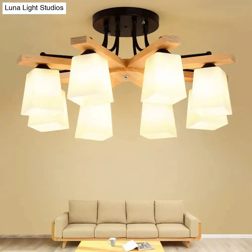 Nordic Black And Wood Semi Flush Mount Chandelier With Milk Glass Shade - 3/6/8 Light Ceiling