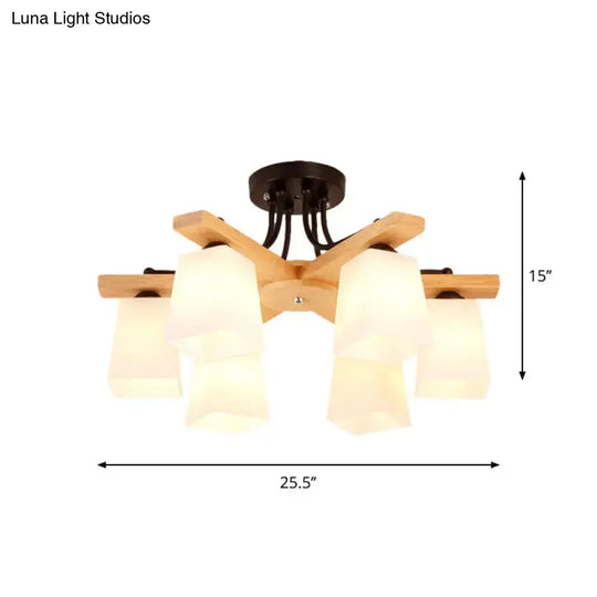 Nordic Black And Wood Semi Flush Mount Chandelier With Milk Glass Shade - 3/6/8 Light Ceiling