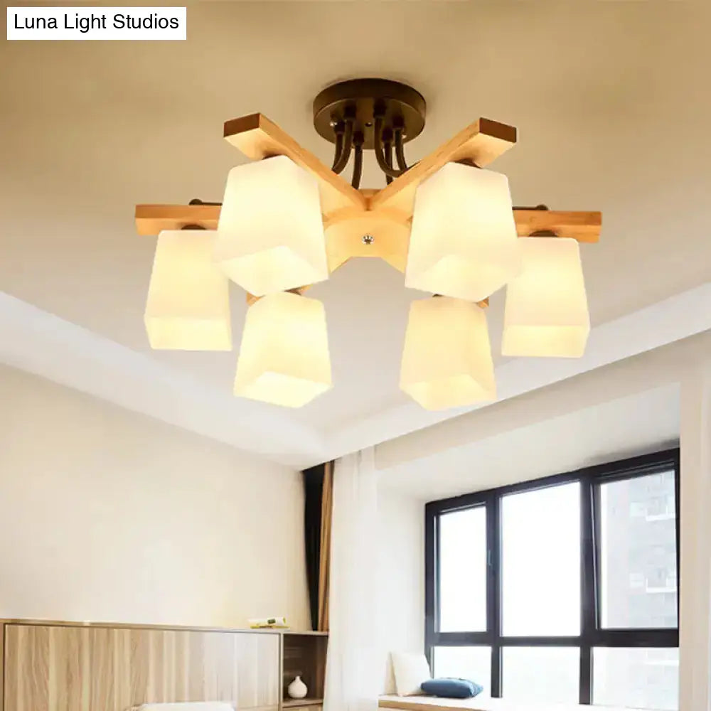 Nordic Black And Wood Semi Flush Mount Chandelier With Milk Glass Shade - 3/6/8 Light Ceiling