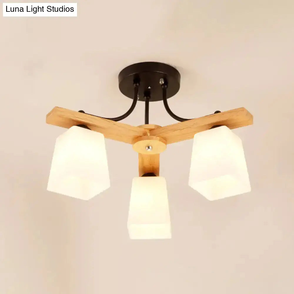 Nordic Black And Wood Semi Flush Mount Chandelier With Milk Glass Shade - 3/6/8 Light Ceiling