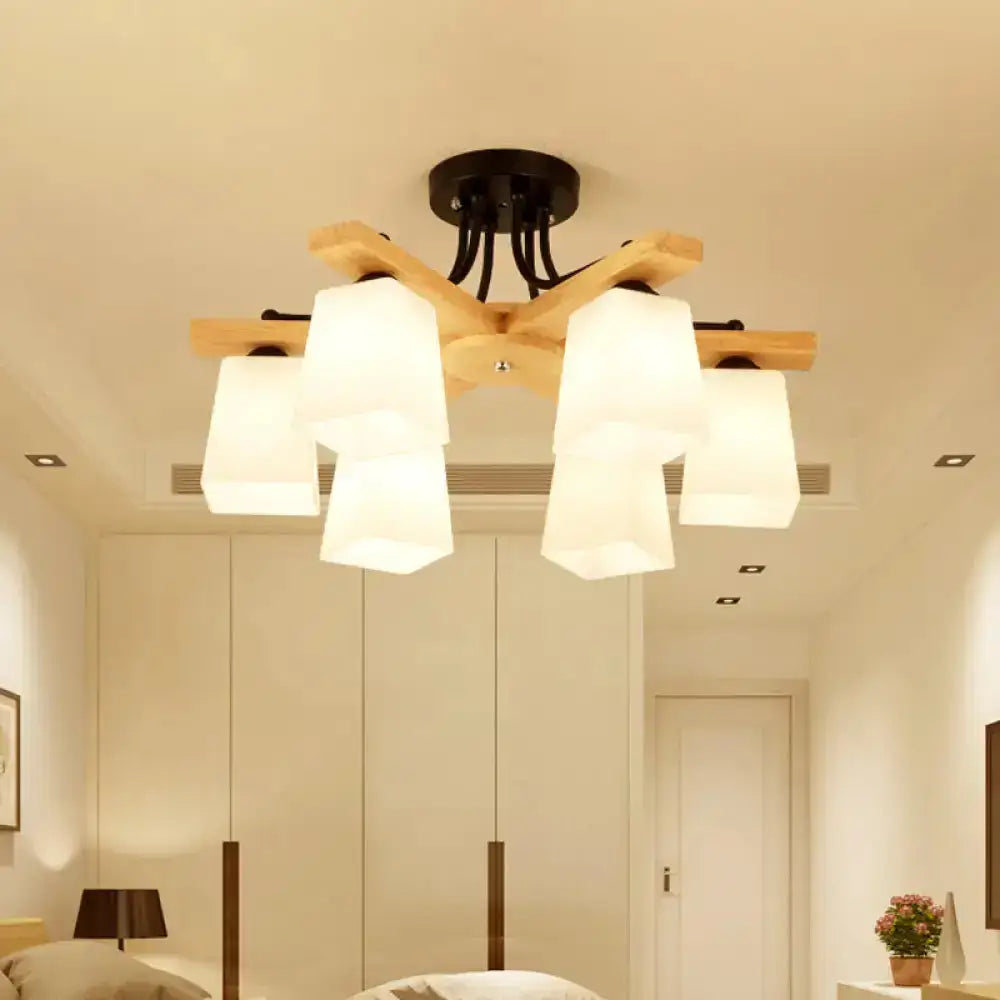 Nordic Black And Wood Semi Flush Mount Chandelier With Milk Glass Shade - 3/6/8 Light Ceiling