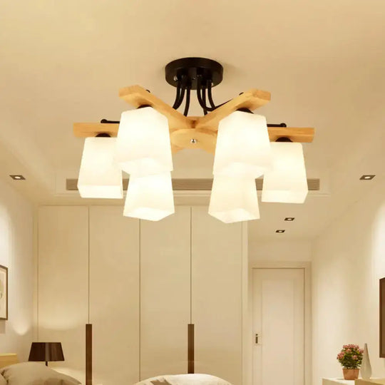 Nordic Black And Wood Semi Flush Mount Chandelier With Milk Glass Shade - 3/6/8 Light Ceiling