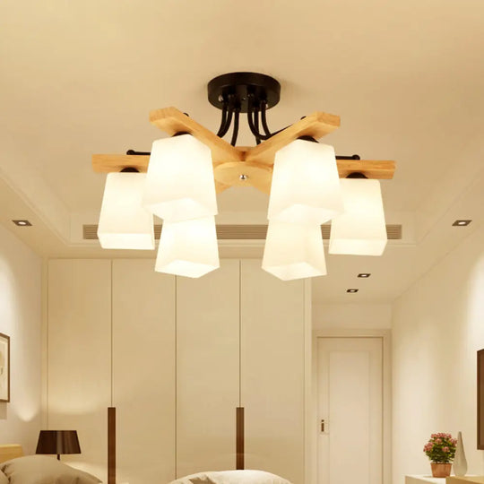 Nordic Black And Wood Semi Flush Mount Chandelier With Milk Glass Shade - 3/6/8 Light Ceiling