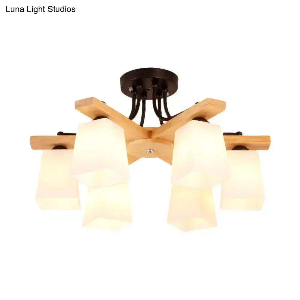 Nordic Black And Wood Semi Flush Mount Chandelier With Milk Glass Shade - 3/6/8 Light Ceiling