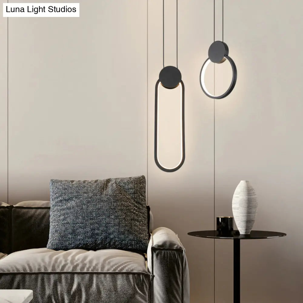 Nordic Led Suspension Light Fixture For Bedroom - Black Circular Hanging Lamp With Metallic Touch