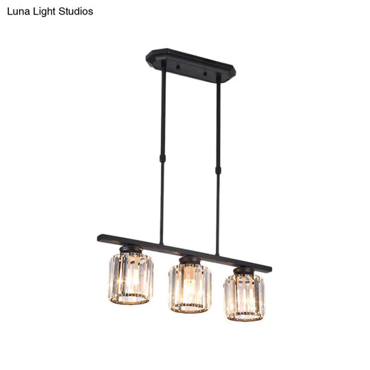 Nordic Black Crystal Ceiling Light For Living Room - Cylinder Island Pendant With 3/4 Bulbs