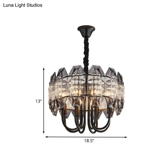 Nordic Black Drum Suspension Chandelier With Crystal Prisms - 8-Bulb Hanging Light For Bedrooms