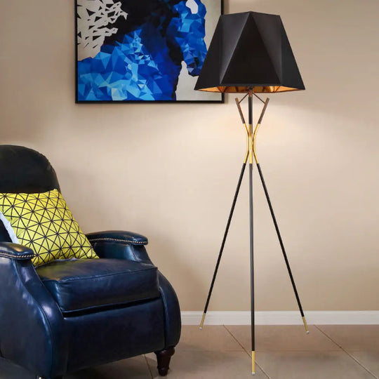 Nordic Black Geometric Tripod Floor Lamp: Stylish Metal Standing Light For Study Room