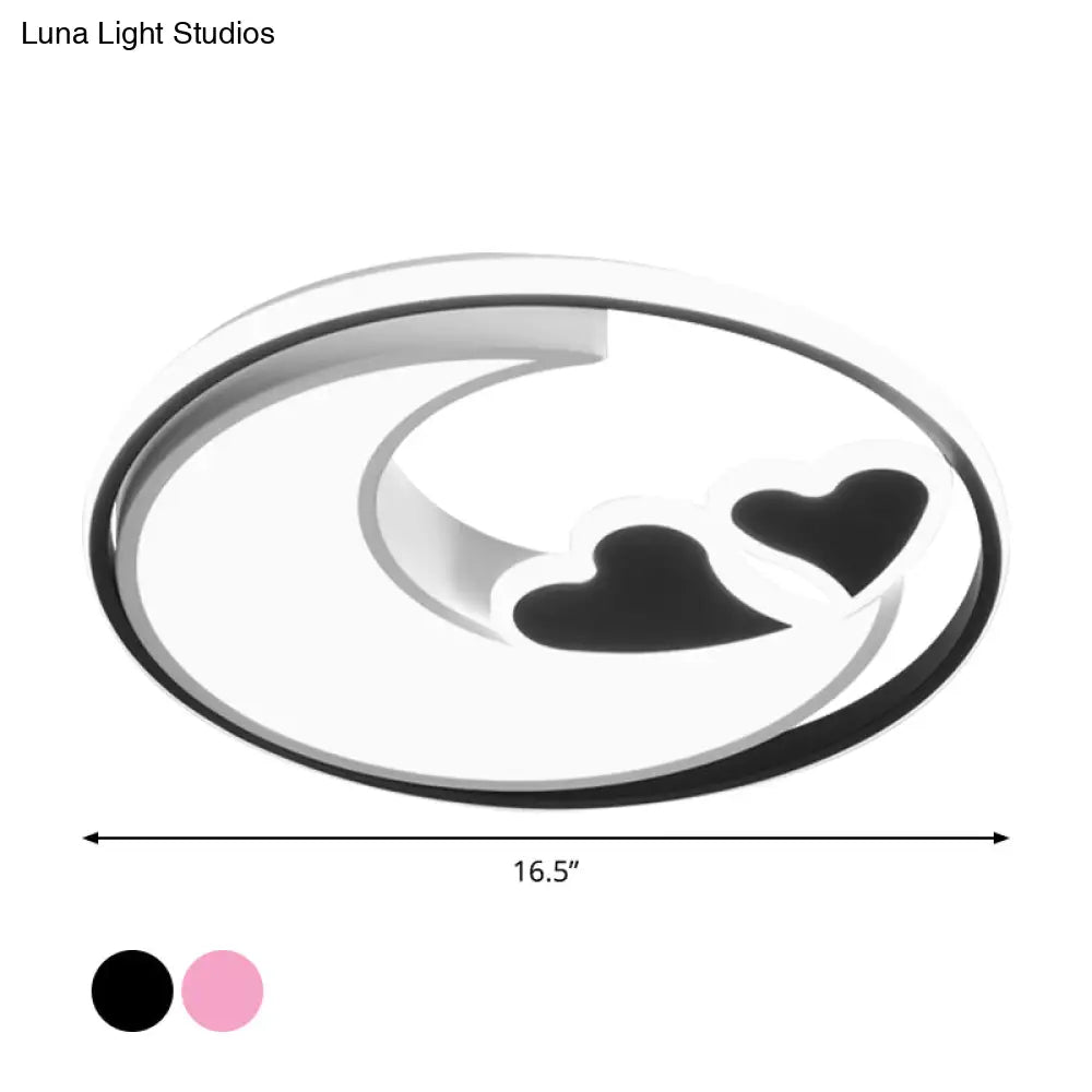 Nordic Black/Pink Led Playroom Ceiling Fixture With Crescent And Heart Acrylic Shade