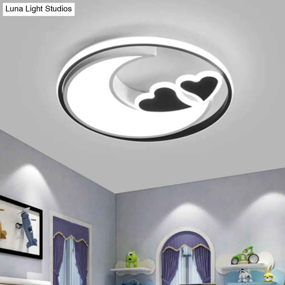 Nordic Black/Pink Led Playroom Ceiling Fixture With Crescent And Heart Acrylic Shade