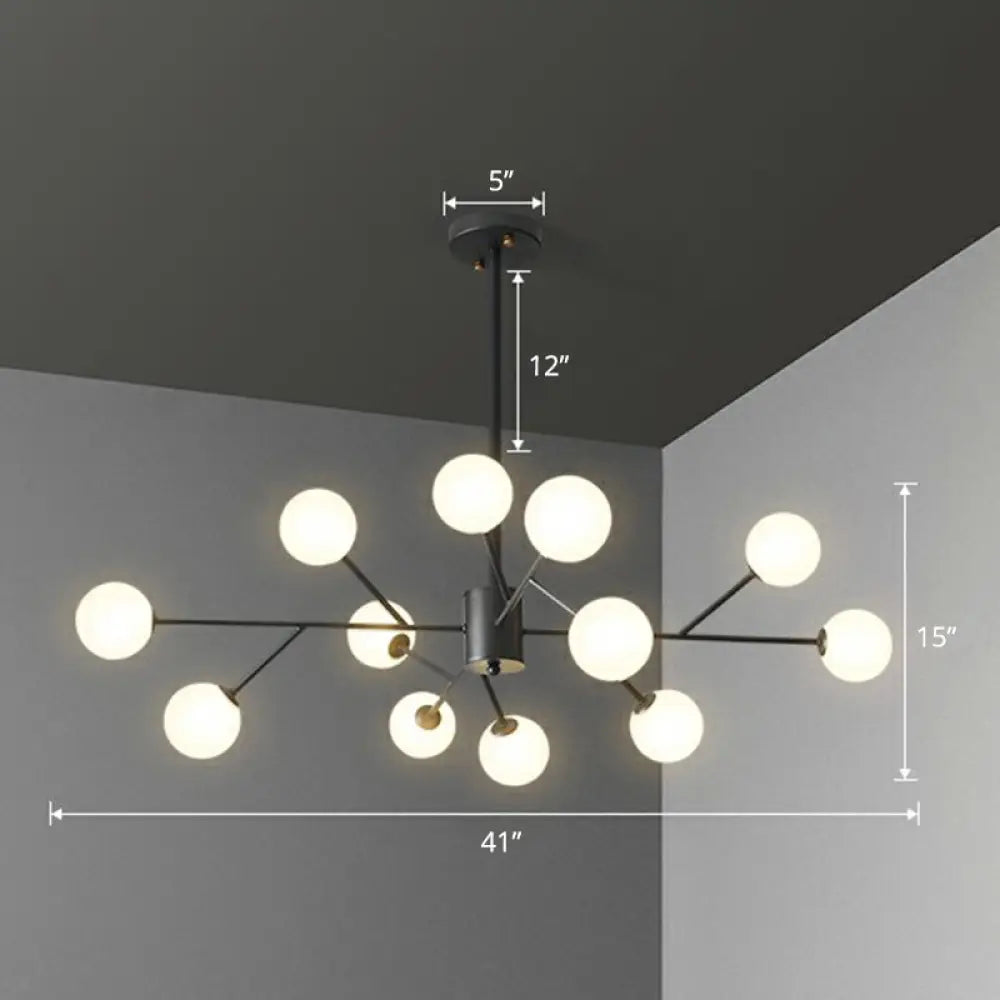 Nordic Branch Chandelier With Opal Glass Shade - Striking Pendant Light Fixture 12 / Black