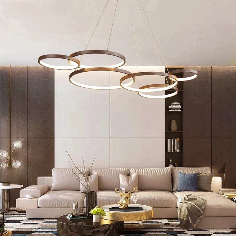 Nordic Brown Led Pendant Lights Dimmable Stitching Ring Hanging Light For Diving Room Bedroom