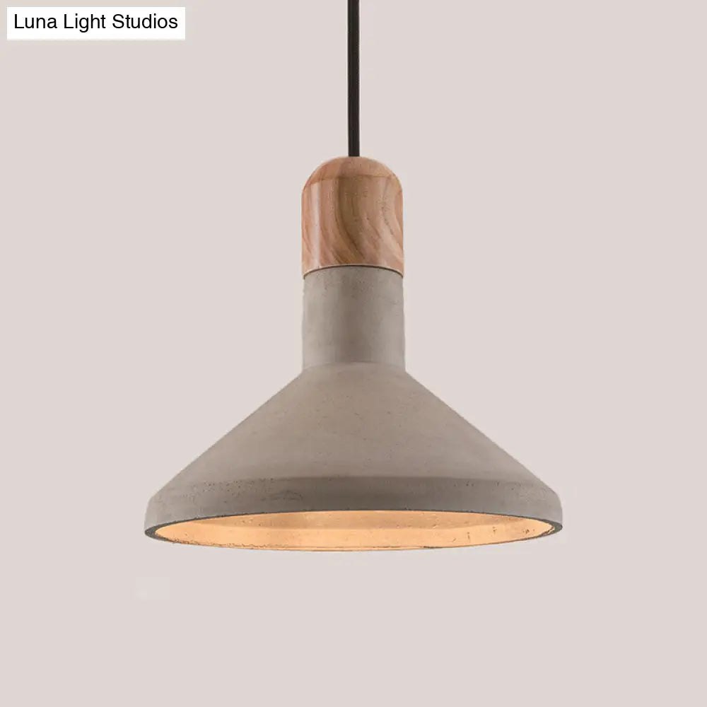 Nordic Funnel Cement Pendulum Light Grey Ceiling Pendant With Wood Top For Dining Room
