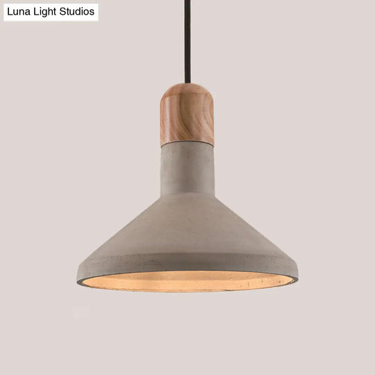 Nordic Funnel Cement Pendulum Light Grey Ceiling Pendant With Wood Top For Dining Room