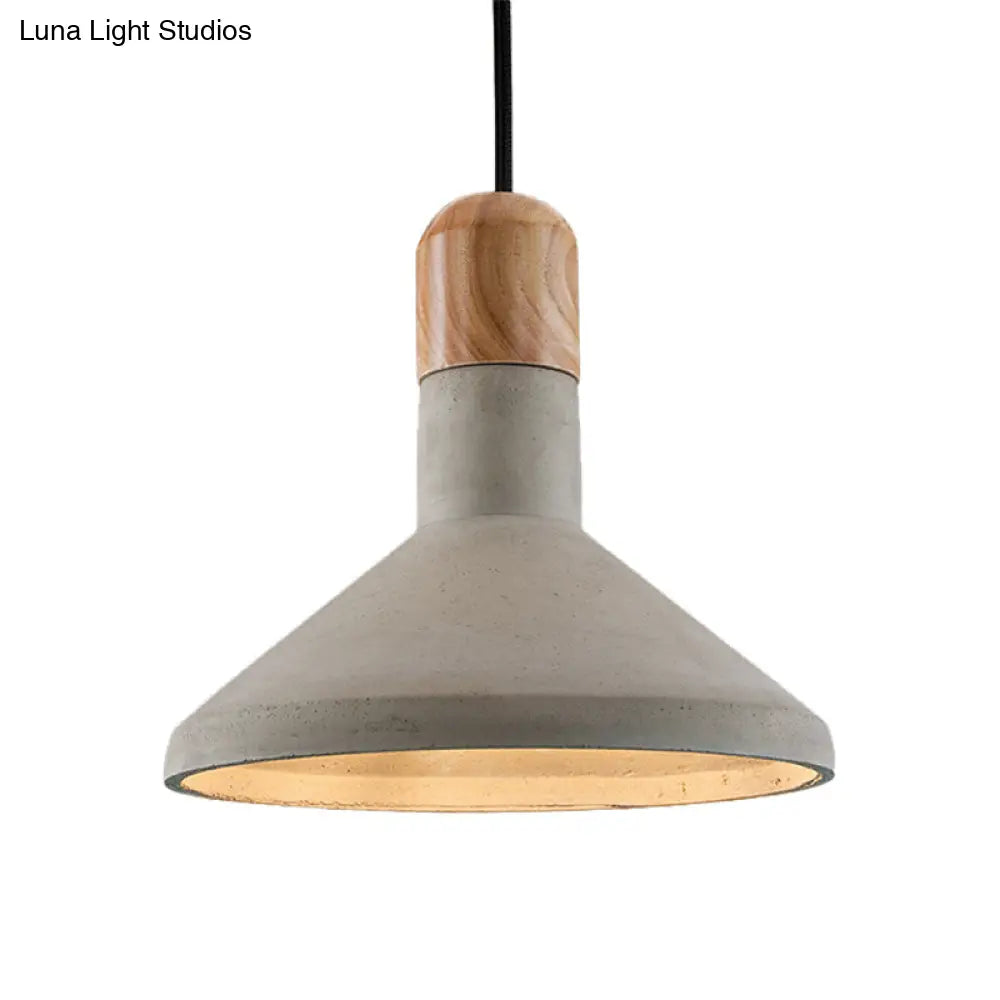 Nordic Cement Pendulum Light With Wood Top - Funnel Design 1 Bulb Grey Ceiling Pendant For Dining