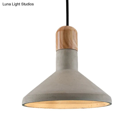 Nordic Cement Pendulum Light With Wood Top - Funnel Design 1 Bulb Grey Ceiling Pendant For Dining