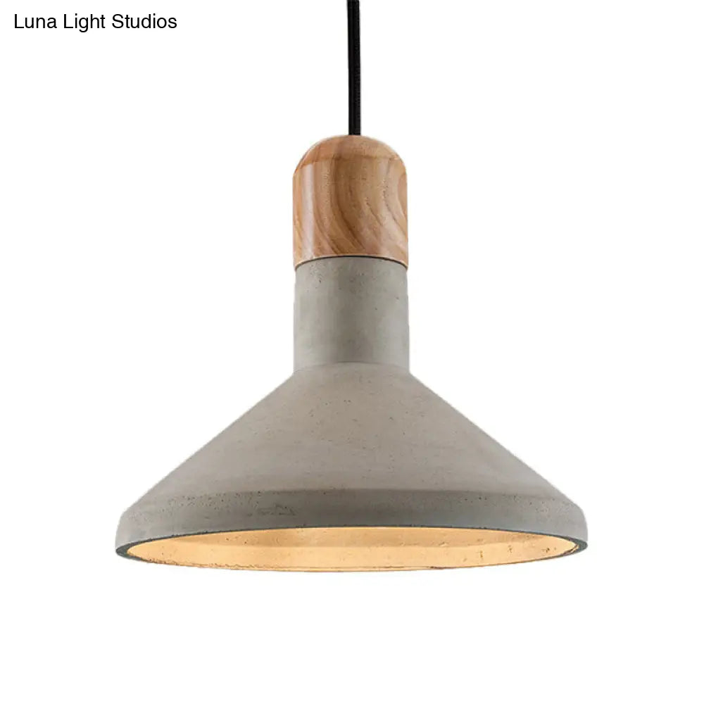 Nordic Funnel Cement Pendulum Light Grey Ceiling Pendant With Wood Top For Dining Room