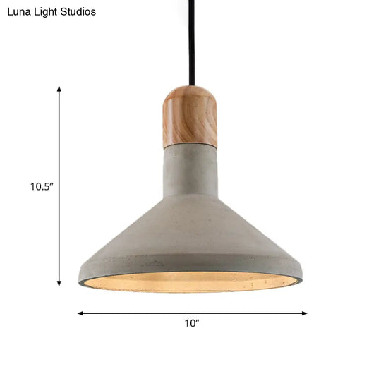 Nordic Cement Pendulum Light With Wood Top - Funnel Design 1 Bulb Grey Ceiling Pendant For Dining