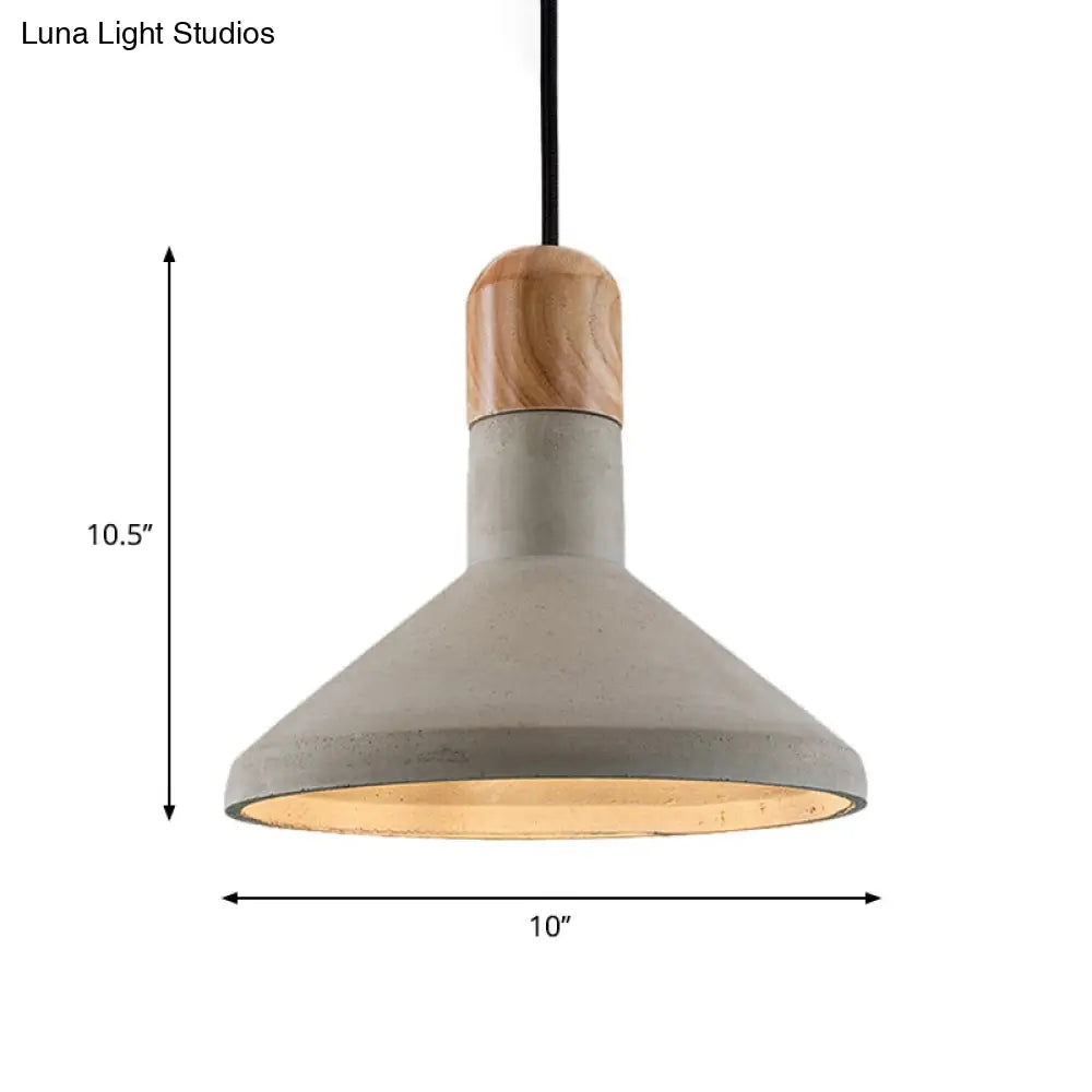 Nordic Funnel Cement Pendulum Light Grey Ceiling Pendant With Wood Top For Dining Room