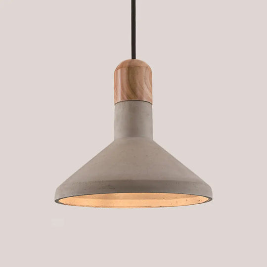 Nordic Cement Pendulum Light With Wood Top - Funnel Design 1 Bulb Grey Ceiling Pendant For Dining