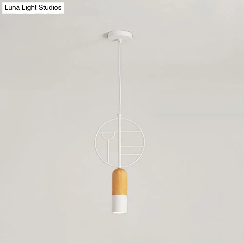 Nordic Chalk Wood Hanging Light Pendant - Single Head Ceiling Lamp In White With Wired Round Decor
