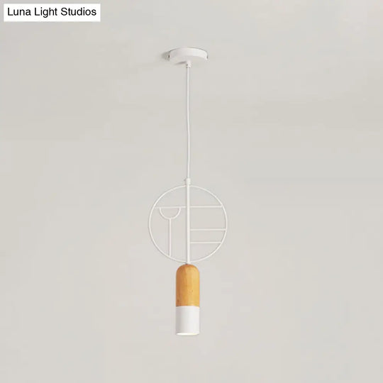 Nordic Chalk Wood Hanging Light Pendant - Single Head Ceiling Lamp In White With Wired Round Decor