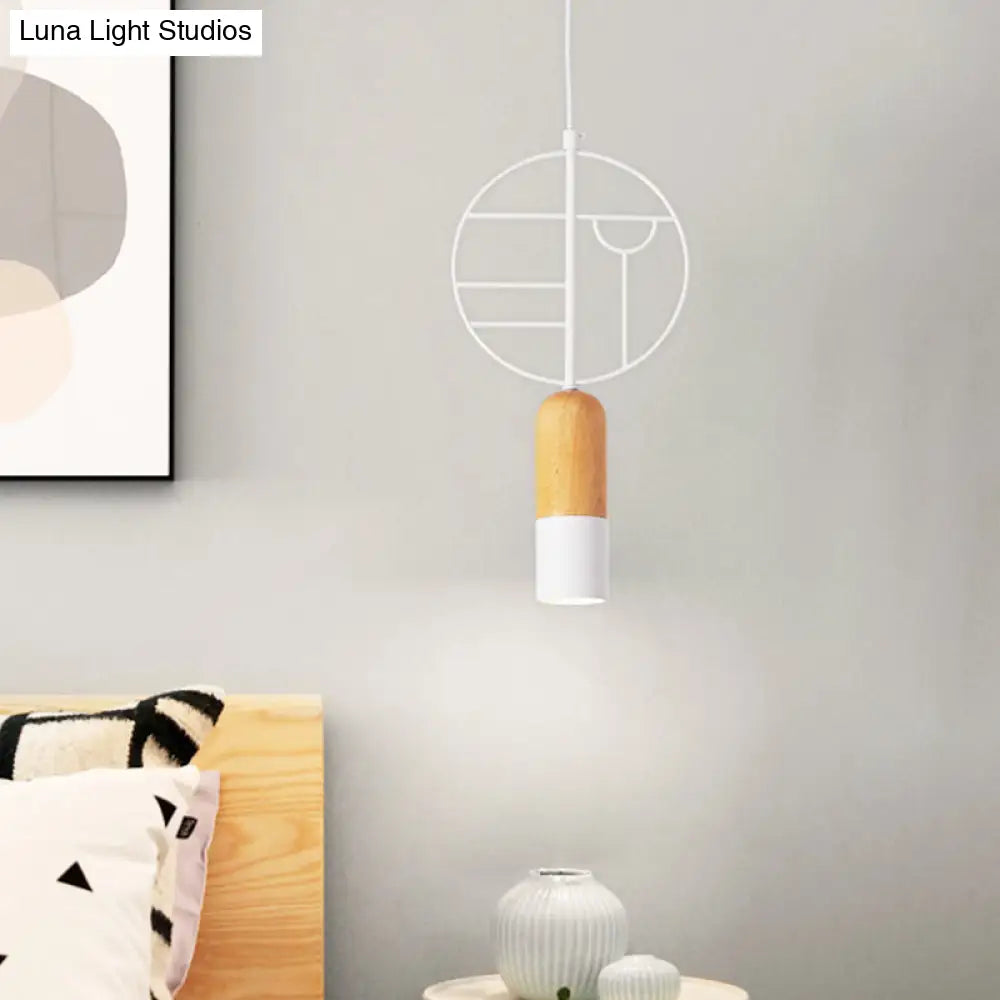 Nordic Chalk Wood Hanging Light Pendant - Single Head Ceiling Lamp In White With Wired Round Decor