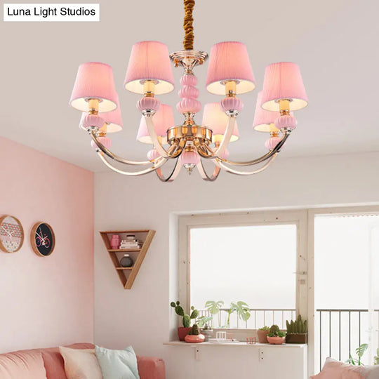 Nordic Chandelier Light: Conical Child Bedroom Hanging Lamp With Elegant Pleated Fabric And Arc Arm