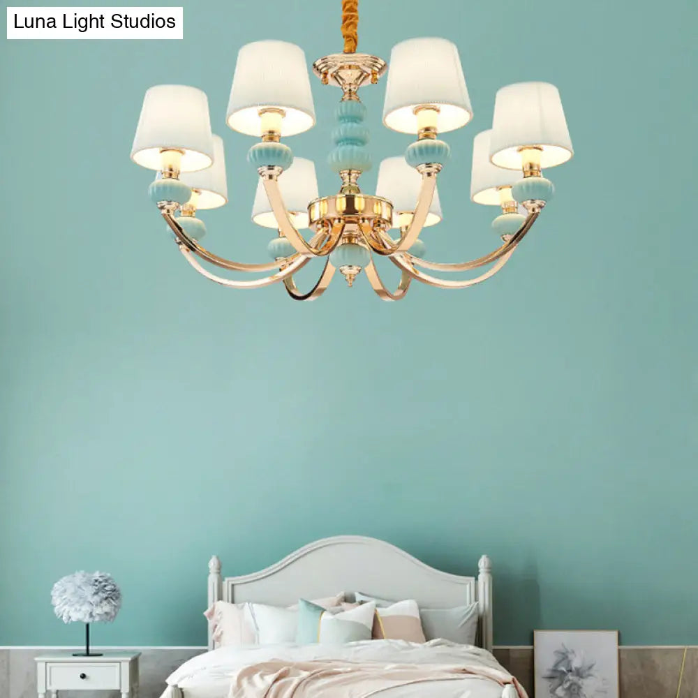 Nordic Chandelier Light: Conical Child Bedroom Hanging Lamp With Elegant Pleated Fabric And Arc Arm