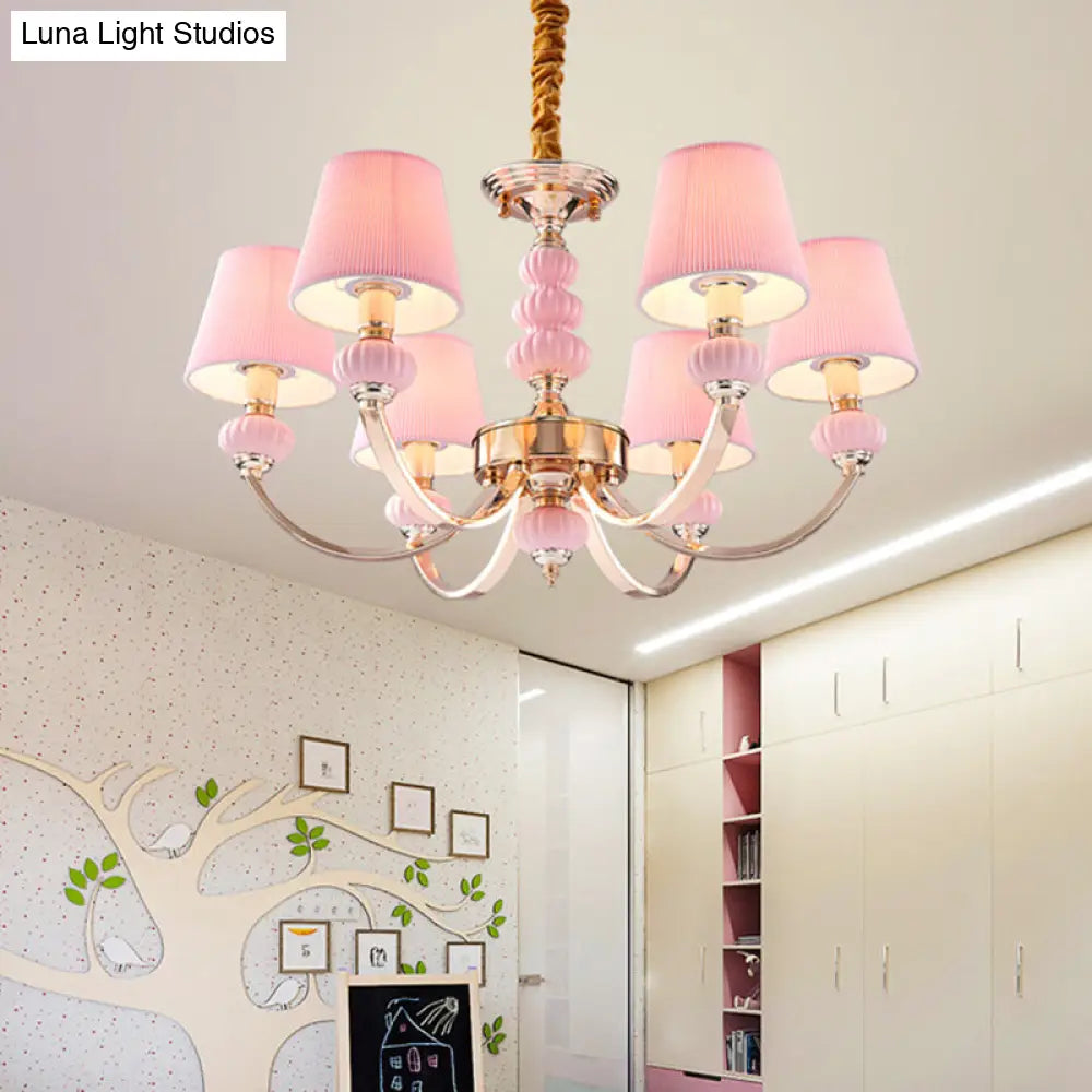 Nordic Chandelier Light: Conical Child Bedroom Hanging Lamp With Elegant Pleated Fabric And Arc Arm