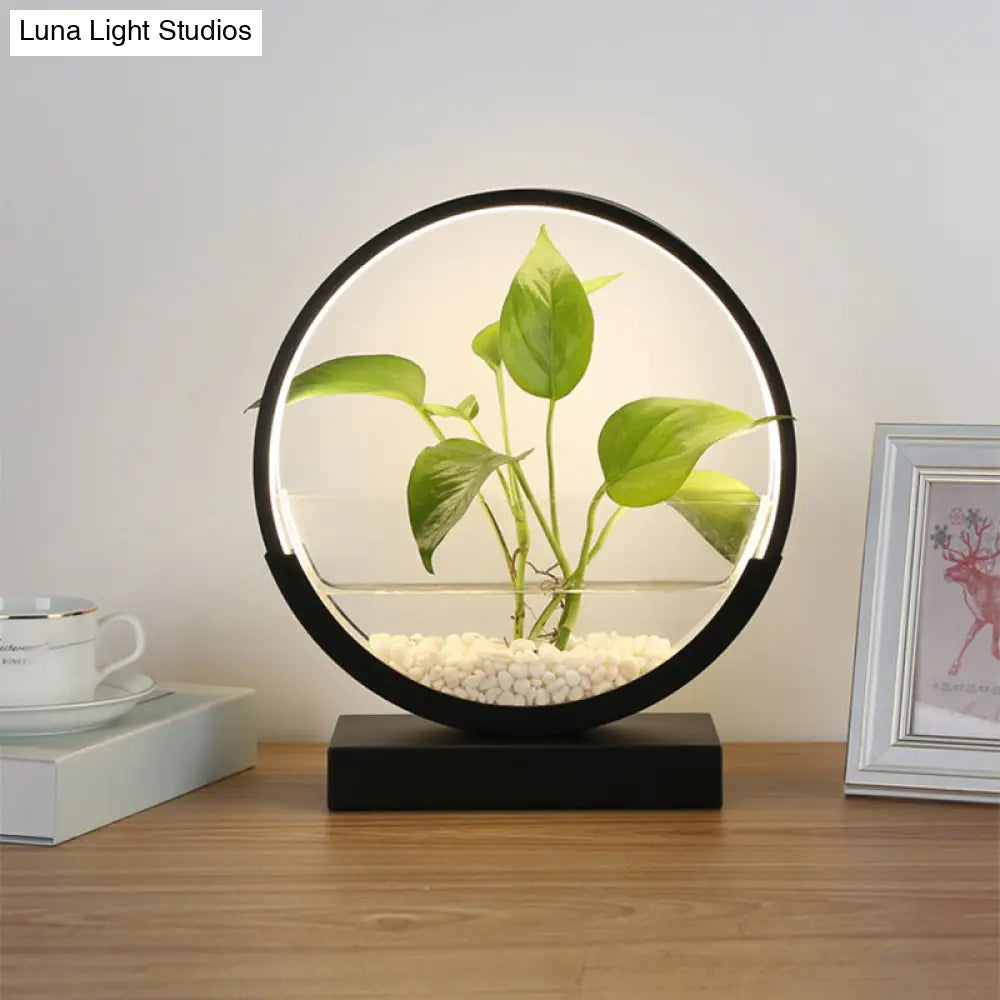 Nordic Circle Table Lamp With Hydroponics Plant Pot Design And Led Night Light