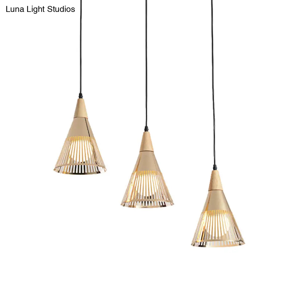 Nordic Cone Ceiling Light - 3 Head Metal And Wood Pendant Lighting With Wire Frame Linear/Round