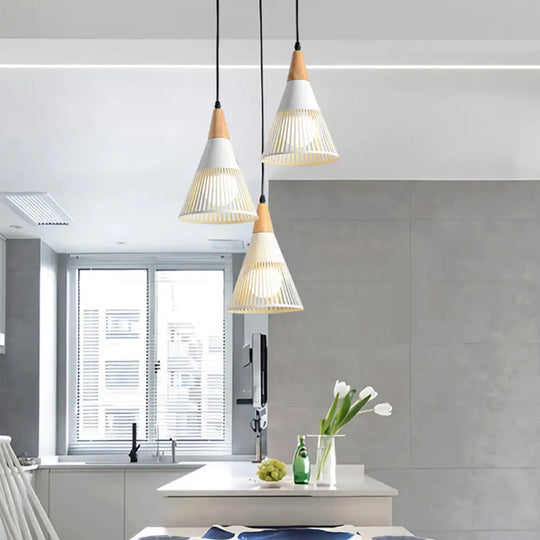 Nordic Cone Ceiling Light - 3 Head Metal And Wood Pendant Lighting With Wire Frame Linear/Round