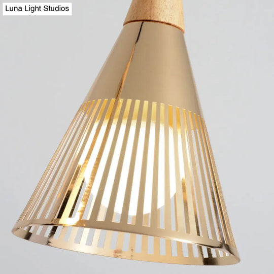 Nordic Cone Ceiling Light With 3 Metal And Wood Pendant Heads