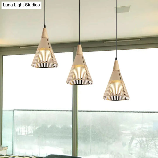 Nordic Cone Ceiling Light - 3 Head Metal And Wood Pendant Lighting With Wire Frame Linear/Round