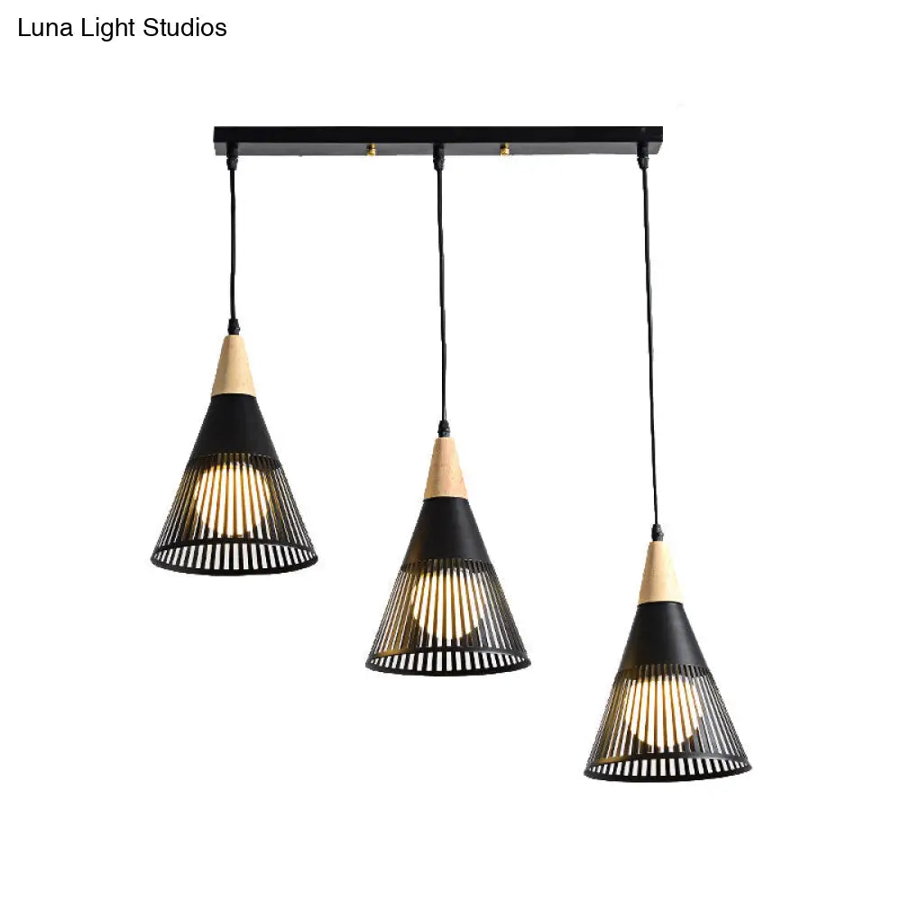 Nordic Cone Ceiling Light With 3 Metal And Wood Pendant Heads