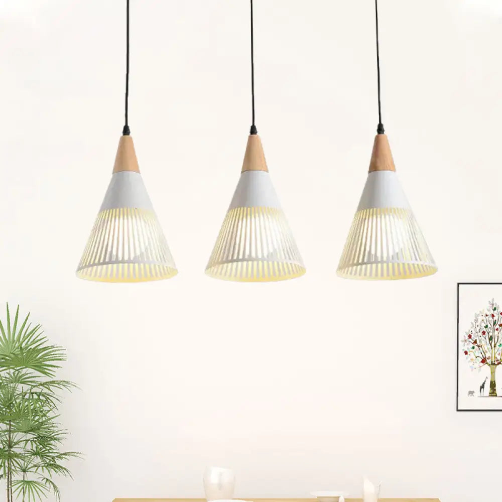 Nordic Cone Ceiling Light - 3 Head Metal And Wood Pendant Lighting With Wire Frame Linear/Round