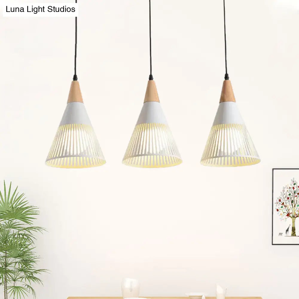 Nordic Cone Ceiling Light With 3 Metal And Wood Pendant Heads White / Linear