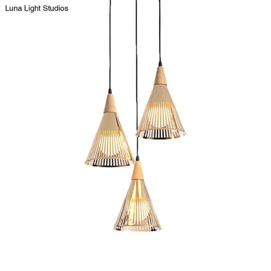 Nordic Cone Ceiling Light - 3 Head Metal And Wood Pendant Lighting With Wire Frame Linear/Round