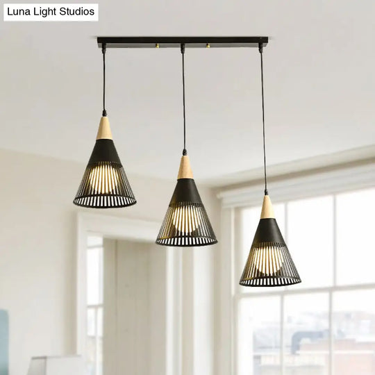 Nordic Cone Ceiling Light - 3 Head Metal And Wood Pendant Lighting With Wire Frame Linear/Round