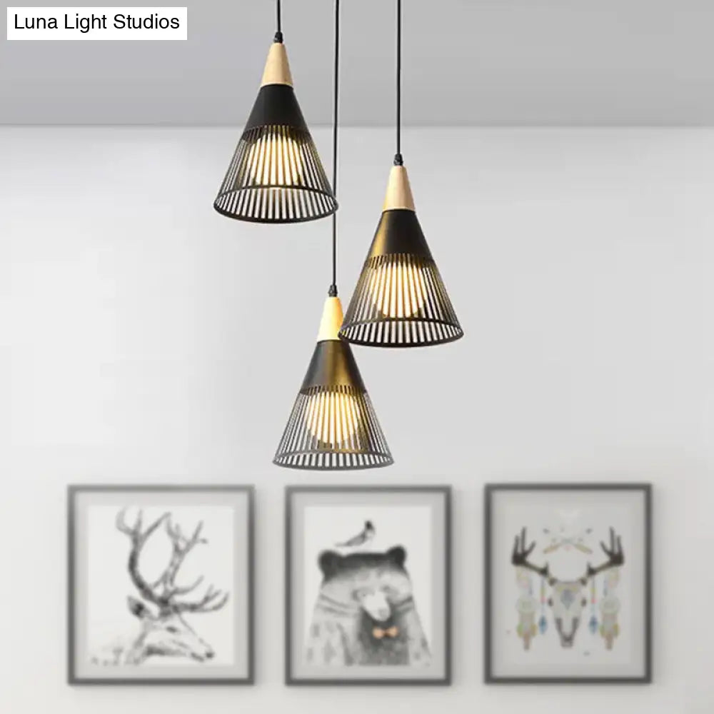 Nordic Cone Ceiling Light - 3 Head Metal And Wood Pendant Lighting With Wire Frame Linear/Round