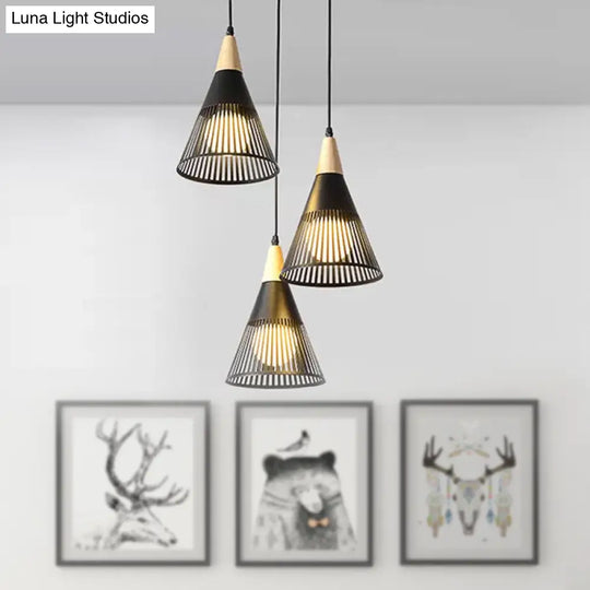 Nordic Cone Ceiling Light - 3 Head Metal And Wood Pendant Lighting With Wire Frame Linear/Round