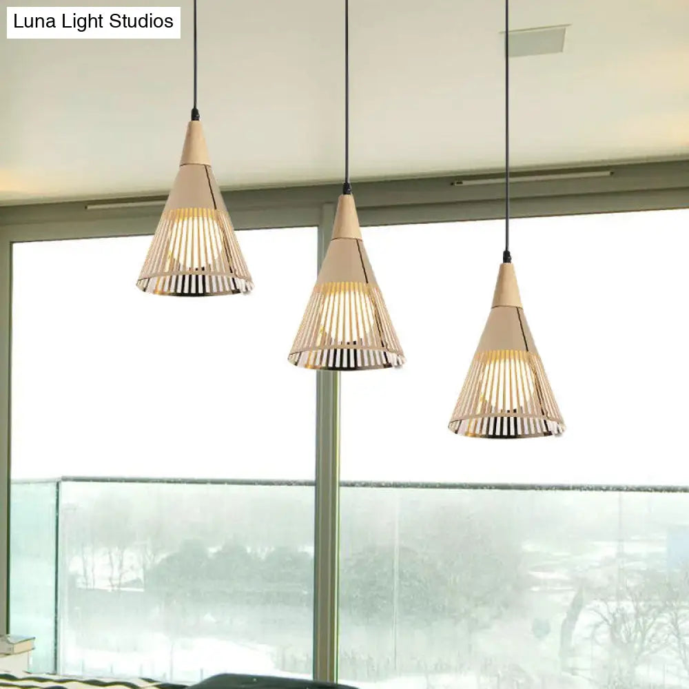 Nordic Cone Ceiling Light With 3 Metal And Wood Pendant Heads