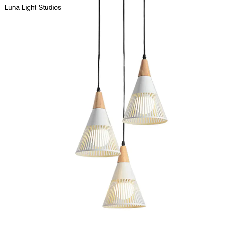 Nordic Cone Ceiling Light - 3 Head Metal And Wood Pendant Lighting With Wire Frame Linear/Round